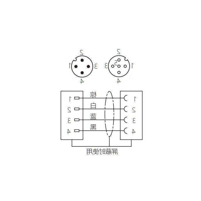 M12 4Pin、母头90°转公头直型、双端预铸防焊渣PUR柔性电缆、黄色护套、64T141-XXX